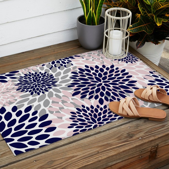 Abstract, Floral Prints, Navy Blue, Grey and Pink Outdoor Rug Gallery Image 2