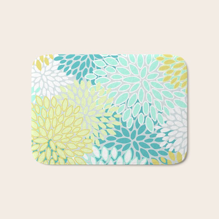 Floral Prints, Teal, Turquoise and Yellow Bath Mat Gallery Image 1