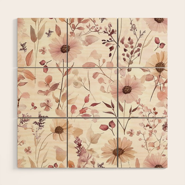 Watercolor Field Flowers and Leaves Pink Blush Cream All Over Wood Wall Art Gallery Image 1