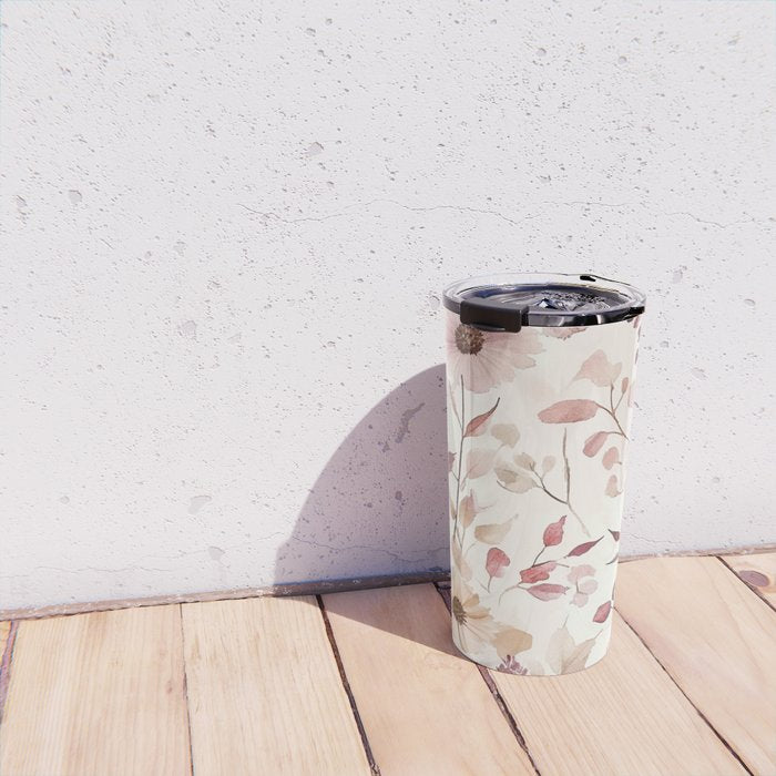 Watercolor Field Flowers and Leaves Pink Blush Cream All Over Travel Mug Gallery Image 4