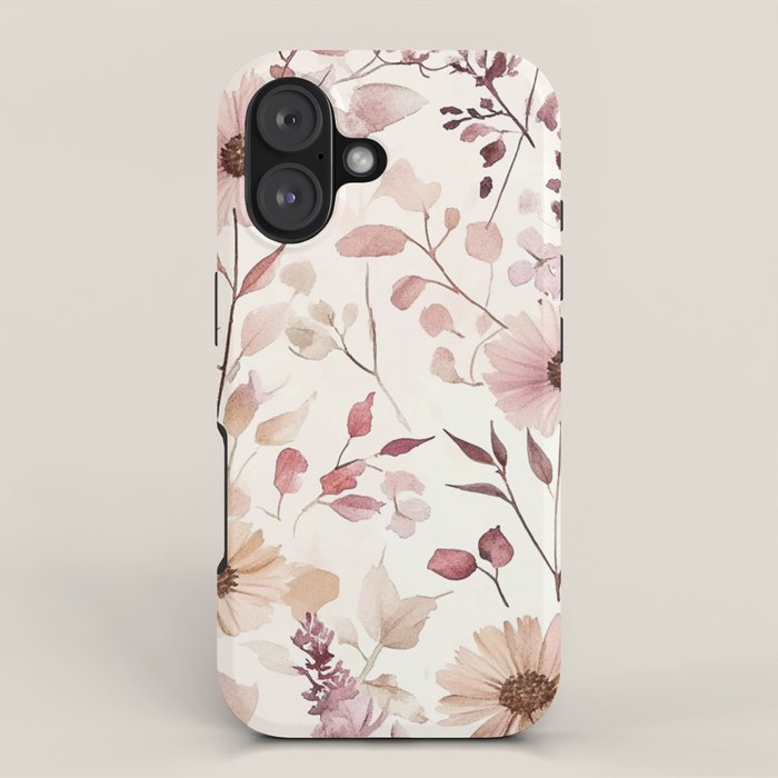 Watercolor Field Flowers and Leaves Pink Blush Cream All Over iPhone Case Gallery Image 1