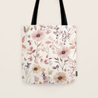 Watercolor Field Flowers and Leaves Pink Blush Cream All Over Tote Bag Gallery Image 1