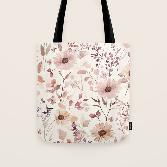 Watercolor Field Flowers and Leaves Pink Blush Cream All Over Tote Bag Gallery Image 1
