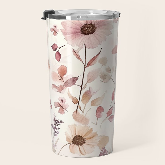 Watercolor Field Flowers and Leaves Pink Blush Cream All Over Travel Mug Gallery Image 3