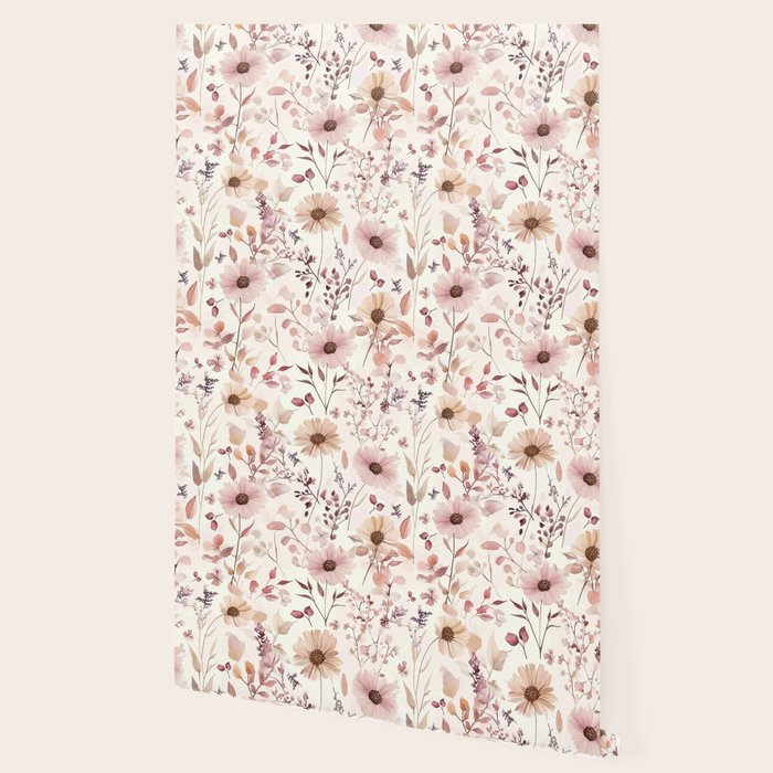 Watercolor Field Flowers and Leaves Pink Blush Cream All Over Wallpaper Gallery Image 2
