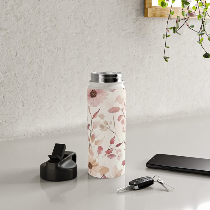 Watercolor Field Flowers and Leaves Pink Blush Cream All Over Water Bottle Gallery Image 4