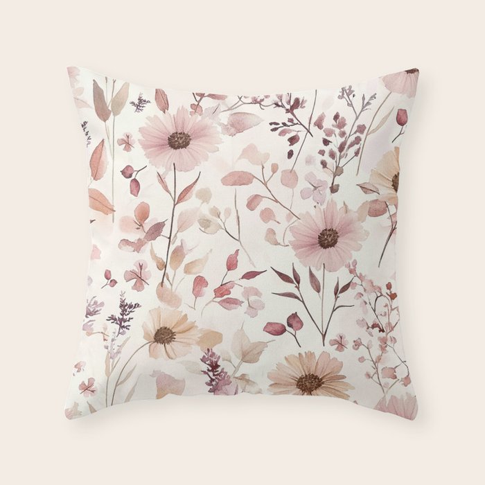 Watercolor Field Flowers and Leaves Pink Blush Cream All Over Throw Pillow Gallery Image 6