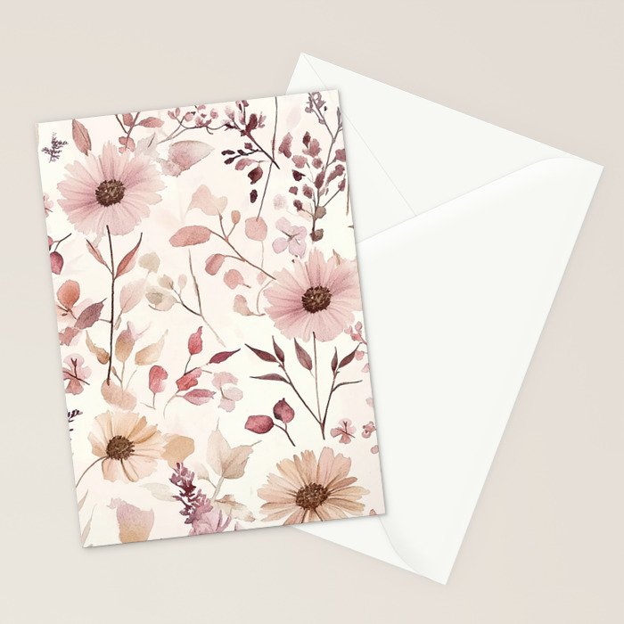 Watercolor Field Flowers and Leaves Pink Blush Cream All Over Stationery Card Gallery Image 2