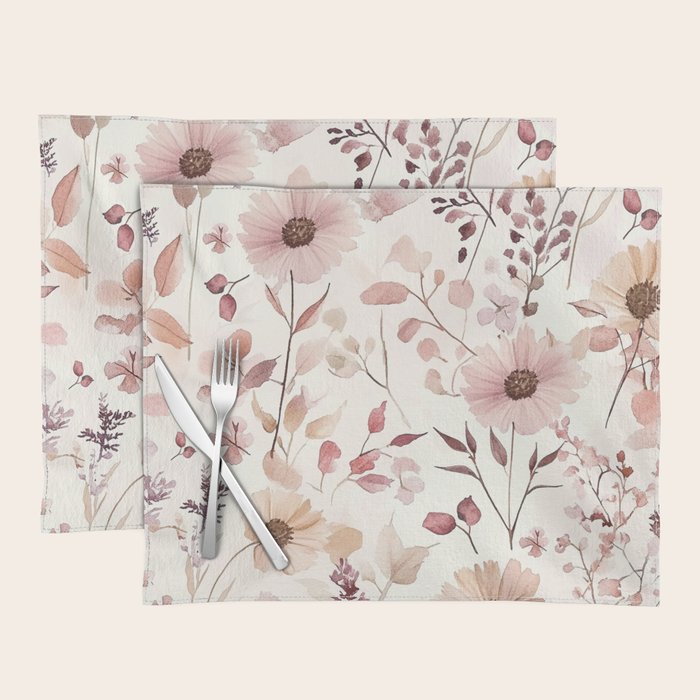 Watercolor Field Flowers and Leaves Pink Blush Cream All Over Placemat Gallery Image 1