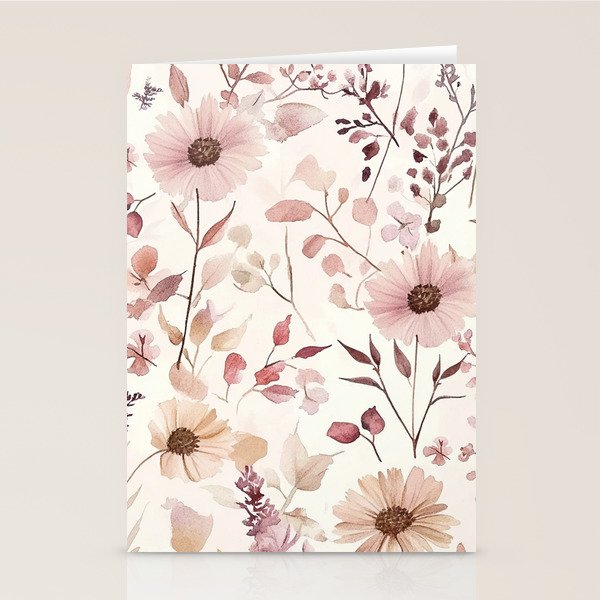 Watercolor Field Flowers and Leaves Pink Blush Cream All Over Stationery Card Gallery Image 2