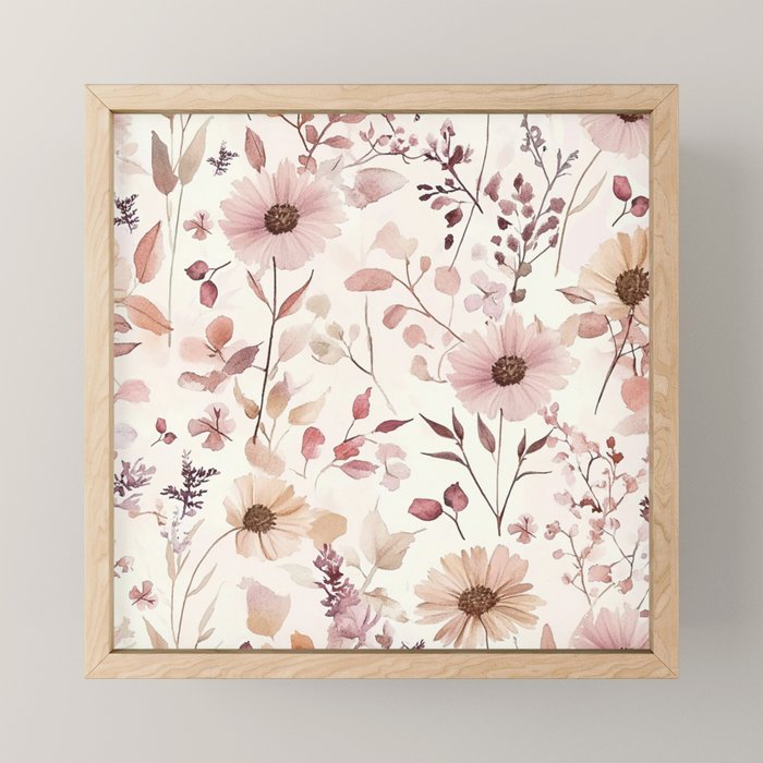 Watercolor Field Flowers and Leaves Pink Blush Cream All Over Mini Art Print Gallery Image 1