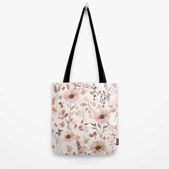 Watercolor Field Flowers and Leaves Pink Blush Cream All Over Tote Bag Gallery Image 2