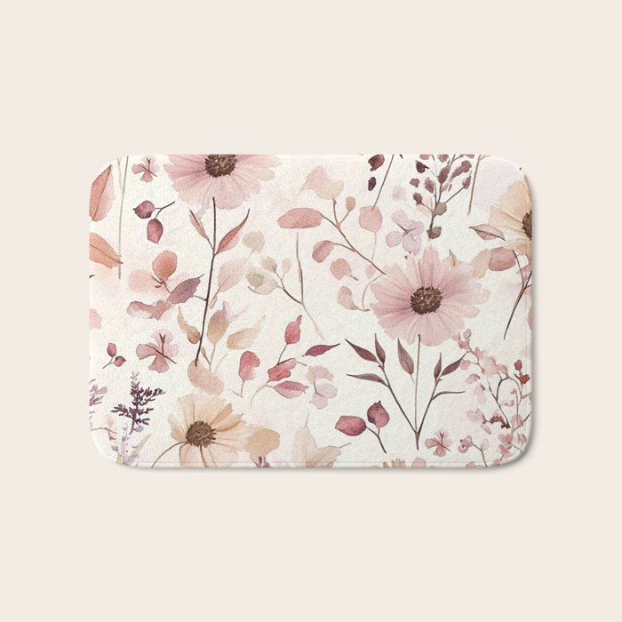 Watercolor Field Flowers and Leaves Pink Blush Cream All Over Bath Mat Gallery Image 1