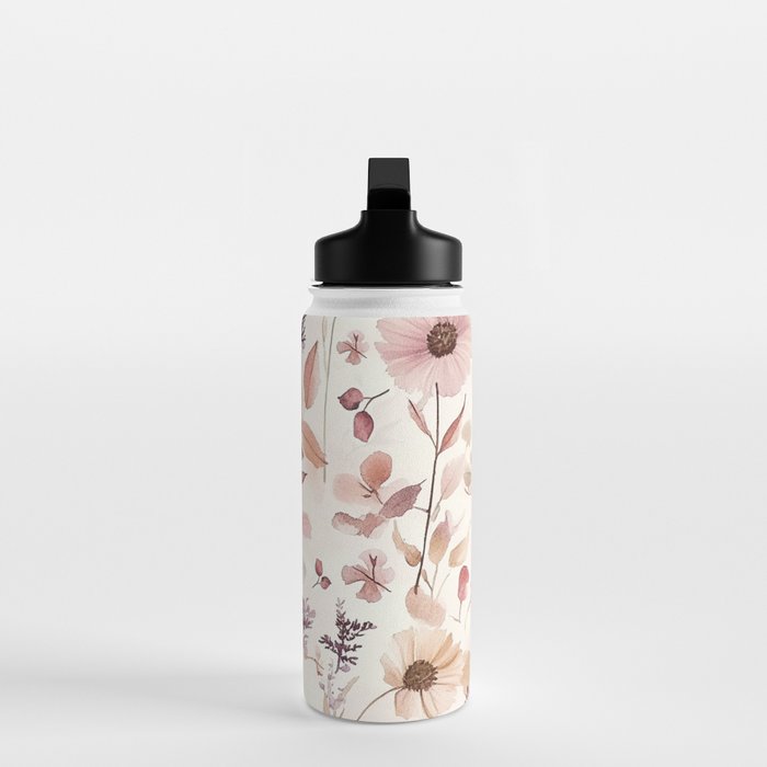 Watercolor Field Flowers and Leaves Pink Blush Cream All Over Water Bottle Gallery Image 3