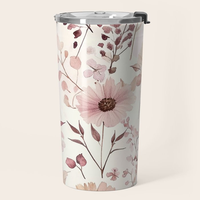 Watercolor Field Flowers and Leaves Pink Blush Cream All Over Travel Mug Gallery Image 2