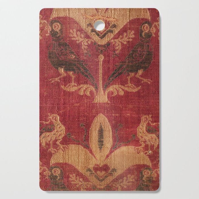 Antique Distressed Red Silk With Palmettes And Birds Cutting Board
