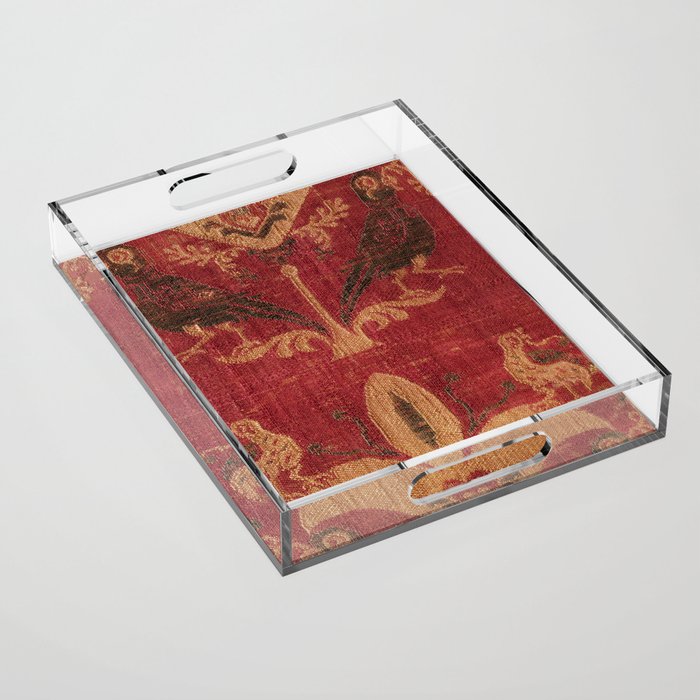 Antique Distressed Red Silk with Palmettes and Birds Acrylic Tray Gallery Image 1