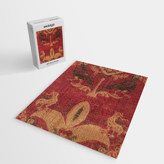 Antique Distressed Red Silk with Palmettes and Birds Jigsaw Puzzle Gallery Image 2