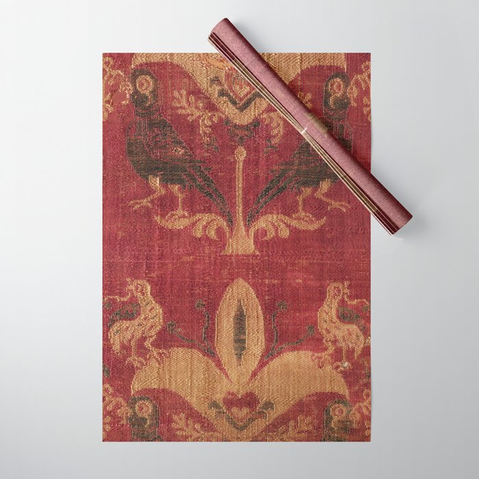 Antique Distressed Red Silk with Palmettes and Birds Wrapping Paper Gallery Image 1