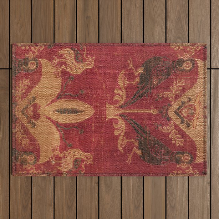 Antique Distressed Red Silk with Palmettes and Birds Outdoor Rug Gallery Image 1