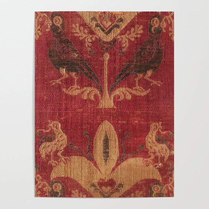Antique Distressed Red Silk with Palmettes and Birds Poster Gallery Image 4