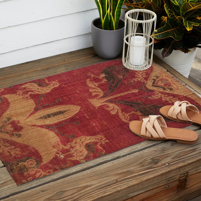 Antique Distressed Red Silk with Palmettes and Birds Outdoor Rug Gallery Image 2