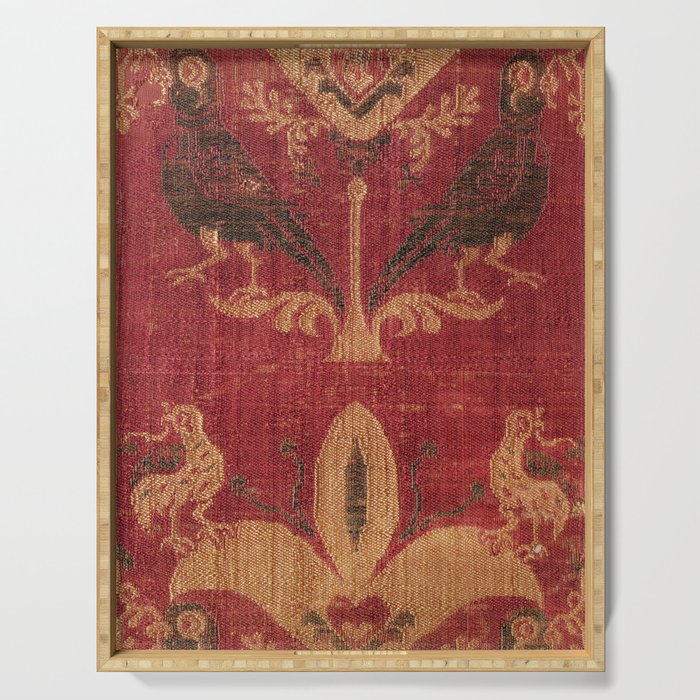 Antique Distressed Red Silk with Palmettes and Birds Serving Tray Gallery Image 1