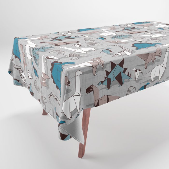 Origami dino friends // grey linen texture blue dinosaurs Tablecloth Gallery Image 1