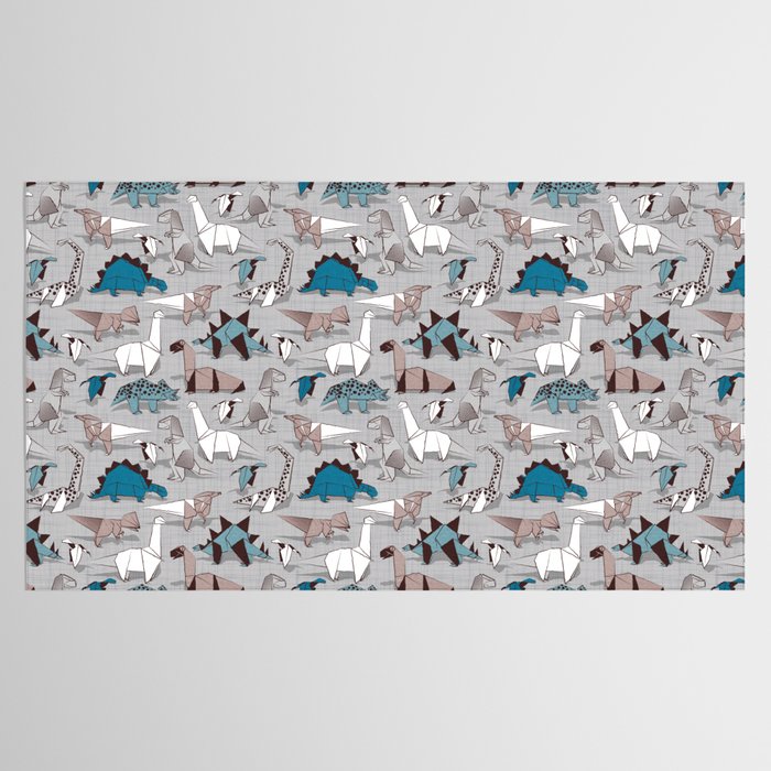 Origami dino friends // grey linen texture blue dinosaurs Tablecloth Gallery Image 2
