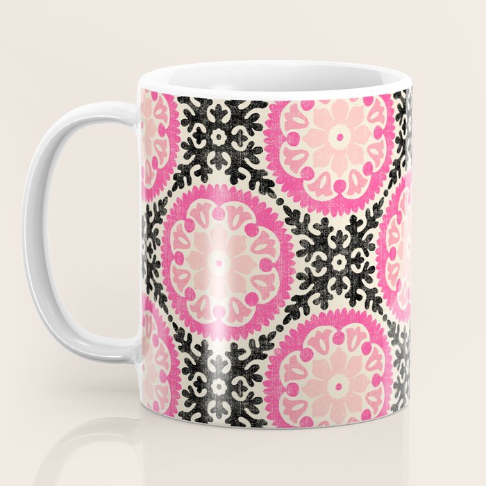 Folk Art Mandala - black, pink, and cream Coffee Mug Gallery Image 3