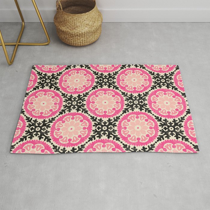 Folk Art Mandala - black, pink, and cream Rug Gallery Image 1