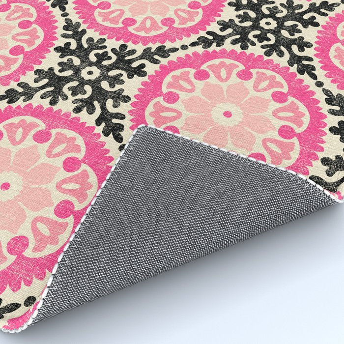 Folk Art Mandala - black, pink, and cream Rug Gallery Image 4
