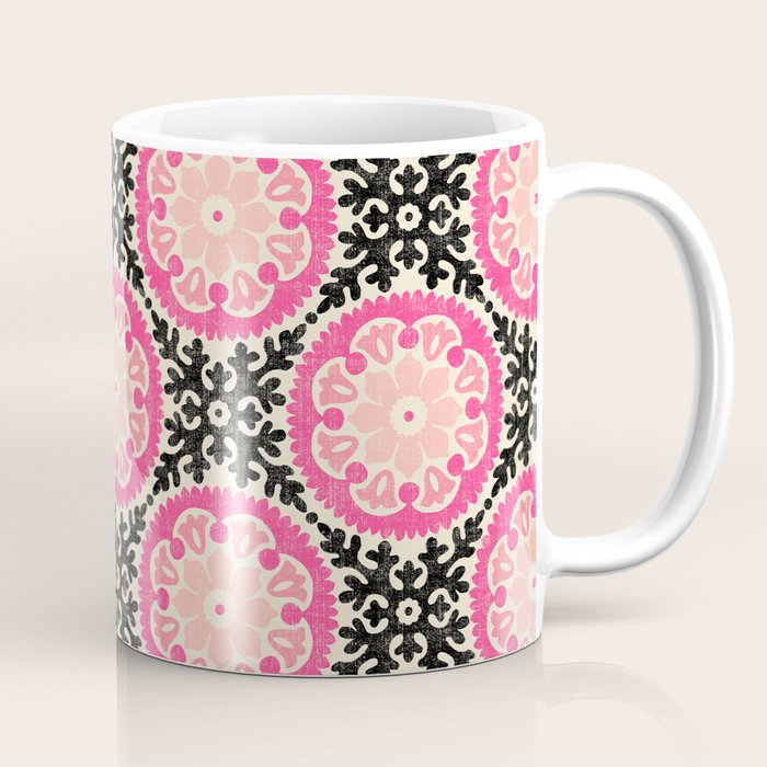 Folk Art Mandala - black, pink, and cream Coffee Mug Gallery Image 1