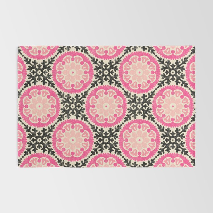 Folk Art Mandala - black, pink, and cream Rug Gallery Image 2