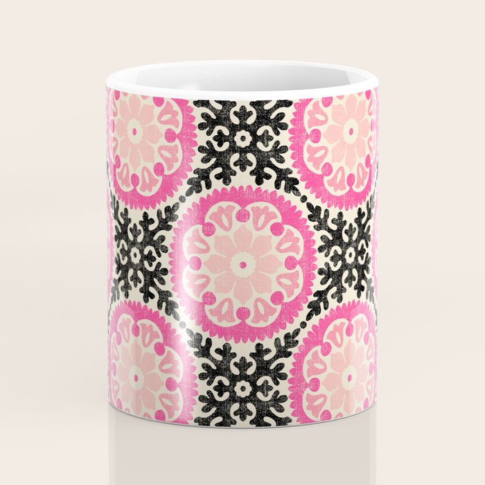 Folk Art Mandala - black, pink, and cream Coffee Mug Gallery Image 4