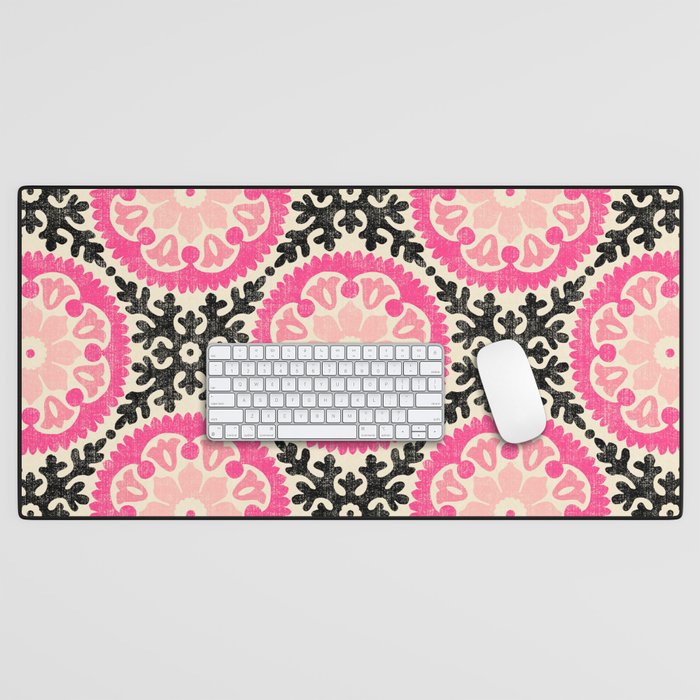 Folk Art Mandala - black, pink, and cream Desk Mat Gallery Image 1