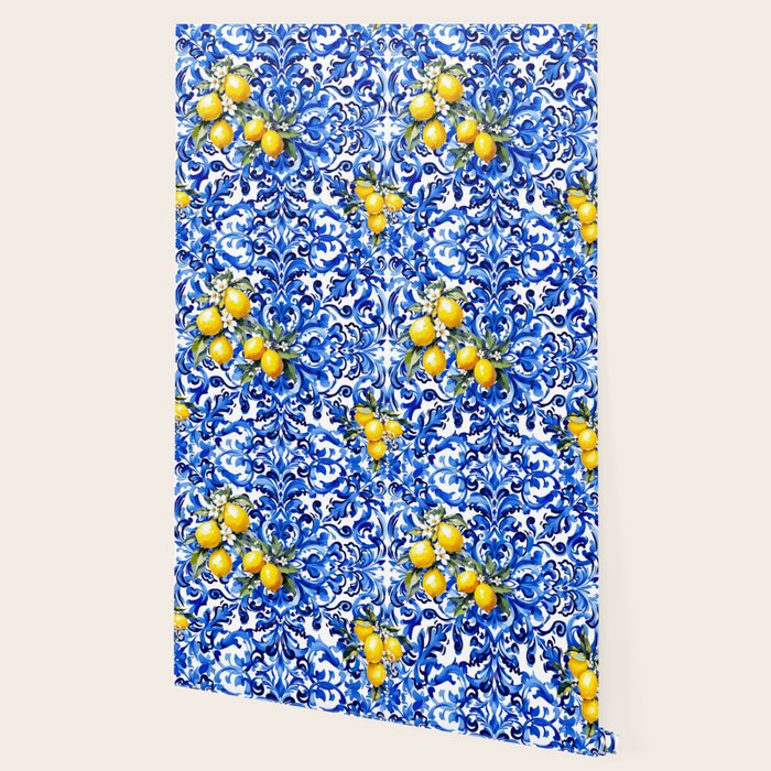 Blue Italian majolica baroque lemon art Wallpaper Gallery Image 2