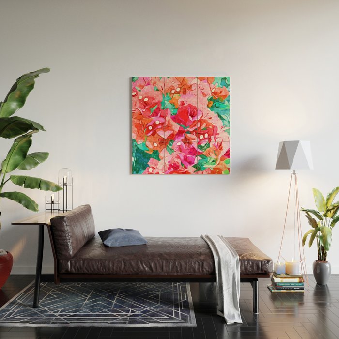 Wild Bougainvillea, Bloom Summer Floral Bohemian Pop of Color Botanical Jungle Watercolor Painting Wood Wall Art Gallery Image 2