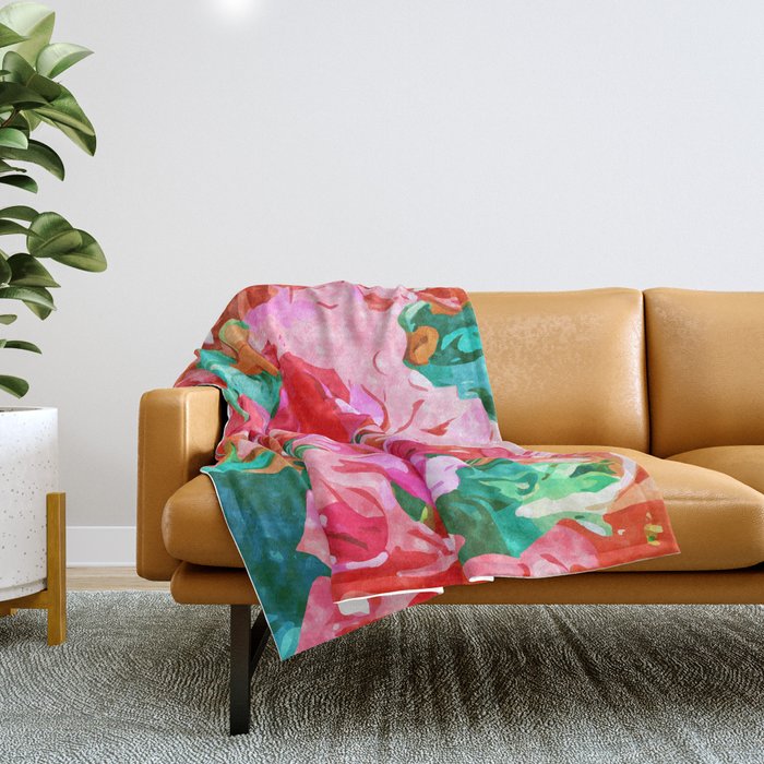Wild Bougainvillea, Bloom Summer Floral Bohemian Pop of Color Botanical Jungle Watercolor Painting Throw Blanket Gallery Image 1
