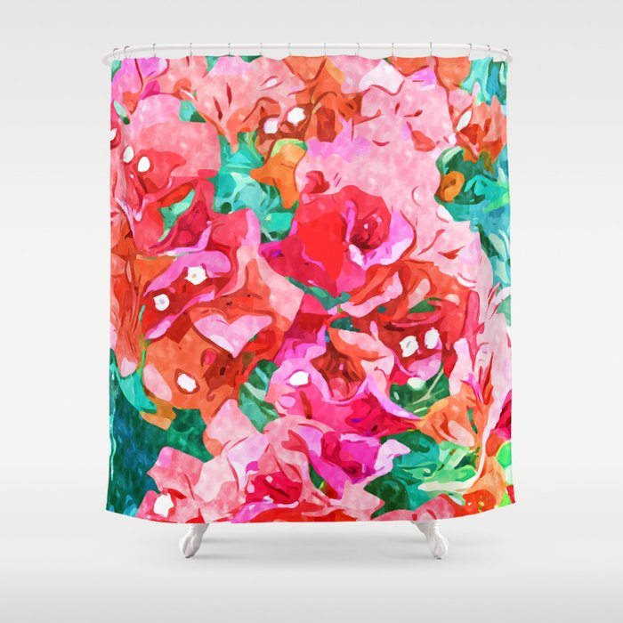 Wild Bougainvillea, Bloom Summer Floral Bohemian Pop of Color Botanical Jungle Watercolor Painting Shower Curtain Gallery Image 1