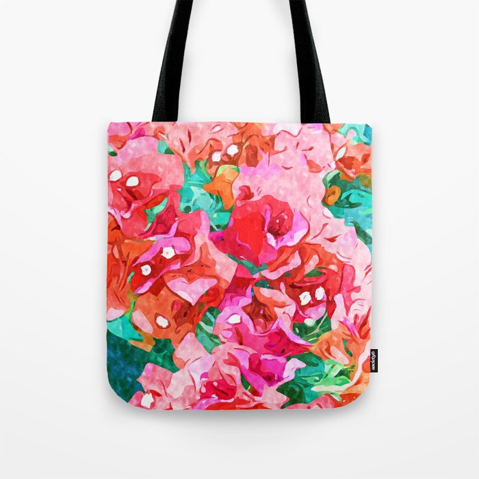Wild Bougainvillea, Bloom Summer Floral Bohemian Pop of Color Botanical Jungle Watercolor Painting Tote Bag Gallery Image 1