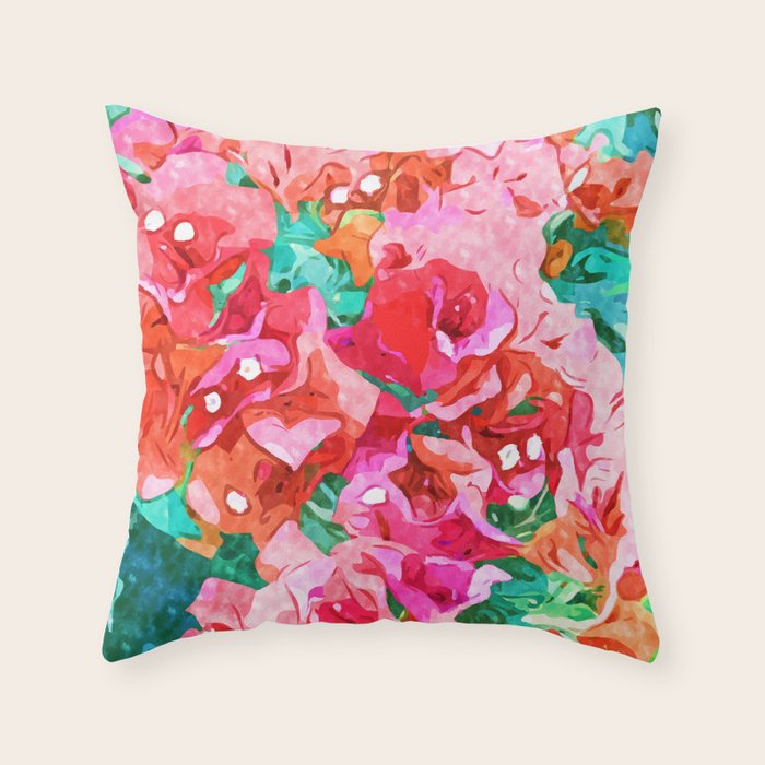 Wild Bougainvillea, Bloom Summer Floral Bohemian Pop of Color Botanical Jungle Watercolor Painting Throw Pillow Gallery Image 2