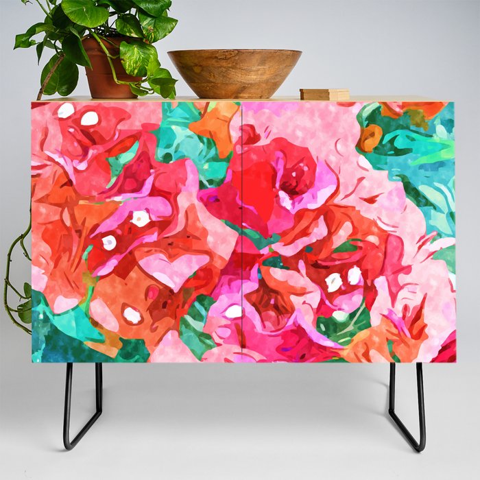 Wild Bougainvillea, Bloom Summer Floral Bohemian Pop of Color Botanical Jungle Watercolor Painting Credenza Gallery Image 2