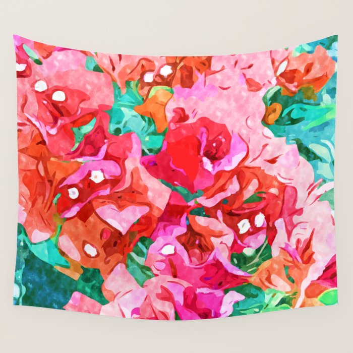 Wild Bougainvillea, Bloom Summer Floral Bohemian Pop of Color Botanical Jungle Watercolor Painting Wall Tapestry Gallery Image 4