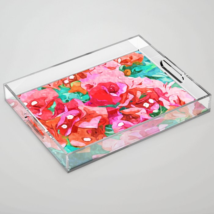 Wild Bougainvillea, Bloom Summer Floral Bohemian Pop of Color Botanical Jungle Watercolor Painting Acrylic Tray Gallery Image 1