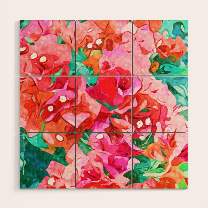 Wild Bougainvillea, Bloom Summer Floral Bohemian Pop of Color Botanical Jungle Watercolor Painting Wood Wall Art Gallery Image 1
