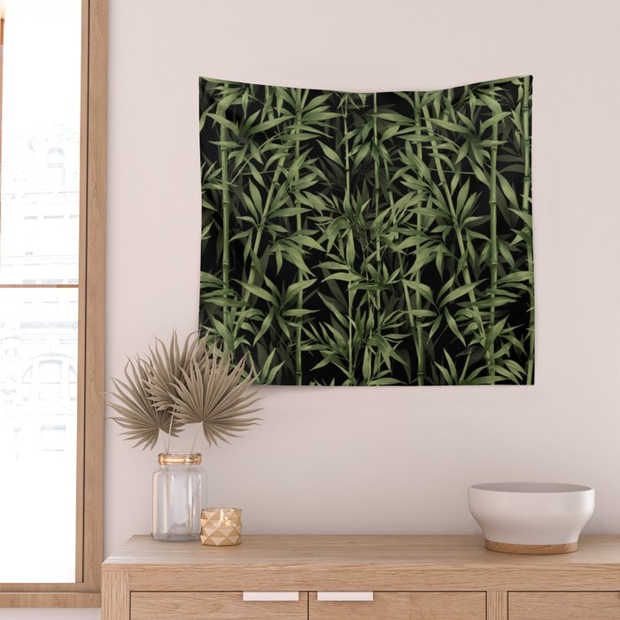 Calm Nature Beauty Bamboo Botanical Watercolor Art Black Wall Tapestry Gallery Image 2