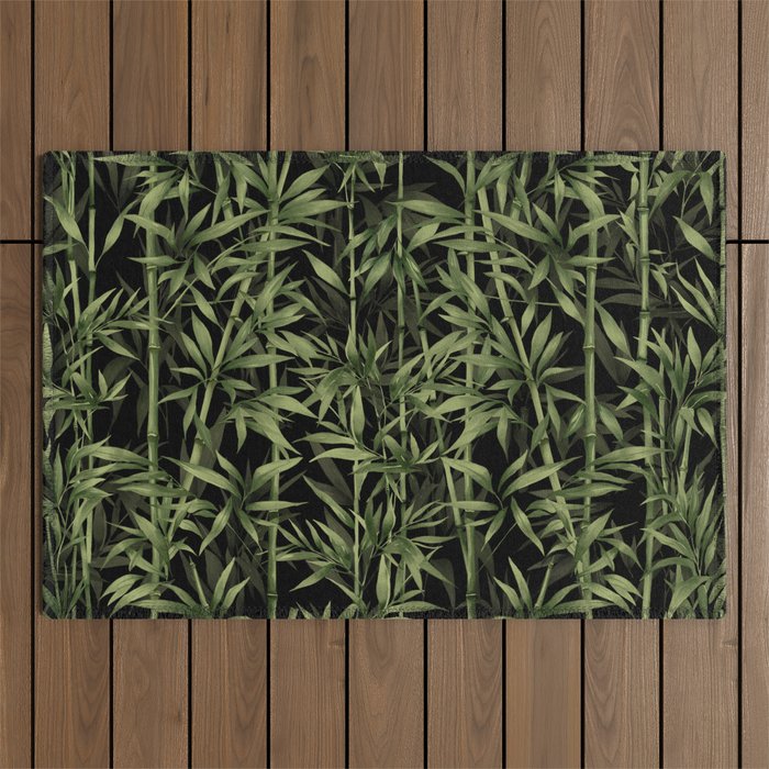 Calm Nature Beauty Bamboo Botanical Watercolor Art Black Outdoor Rug Gallery Image 1