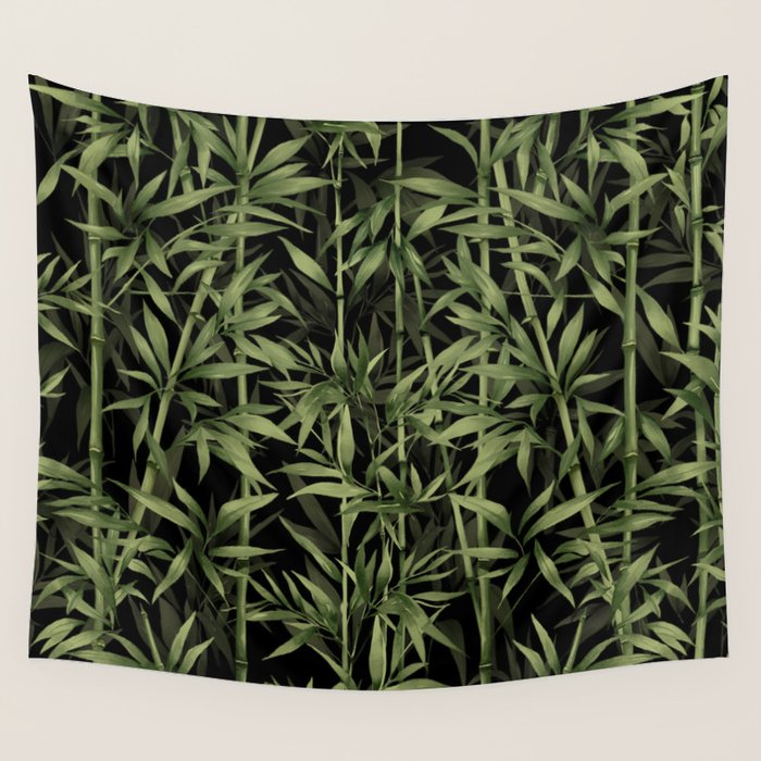 Calm Nature Beauty Bamboo Botanical Watercolor Art Black Wall Tapestry Gallery Image 1