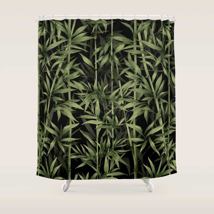 Calm Nature Beauty Bamboo Botanical Watercolor Art Black Shower Curtain Gallery Image 1